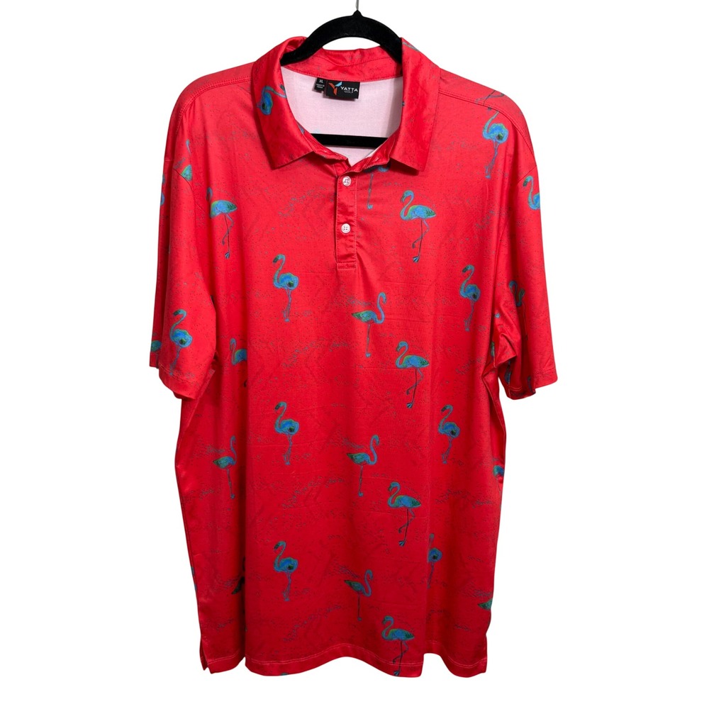 Yatta Golf Mens XL Polo Shirt Red Blue Flamingo Print Short Sleeve Performance